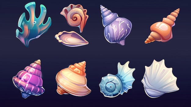 A set of cartoon modern illustrations depicting cute marine underwater seashells for RPG GUI designs Horned spiral and scalloped conches for nautical or aquarium environments