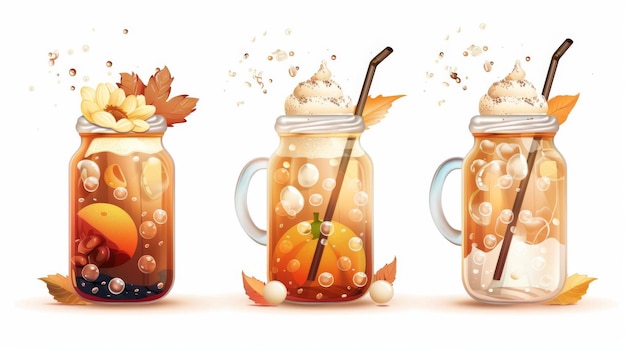 The set of Cartoon modern illustrations includes a bubble tea coffee and cocktail drink with a straw and splashes in a glass jar These are cold or hot drinks with vanilla flowers orange and