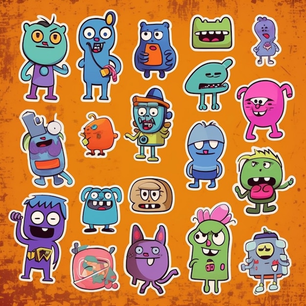 A set of cartoon monsters stickers on an orange background generative ai