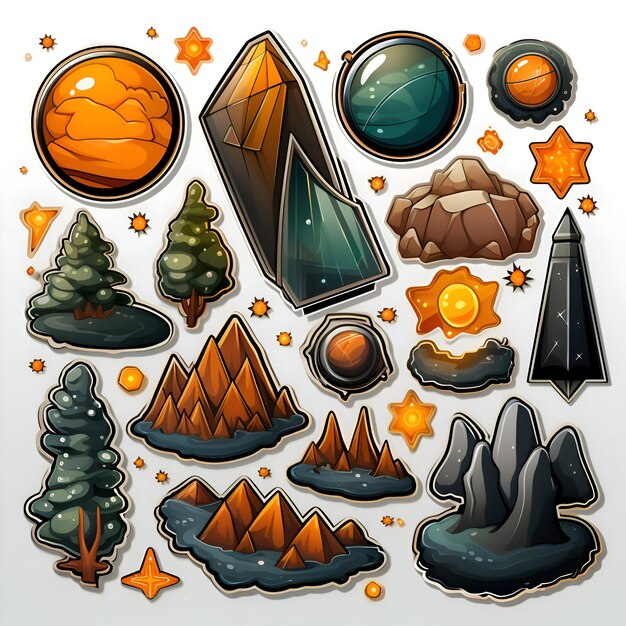 Photo set of cartoon mountains sun moon stars and other elements