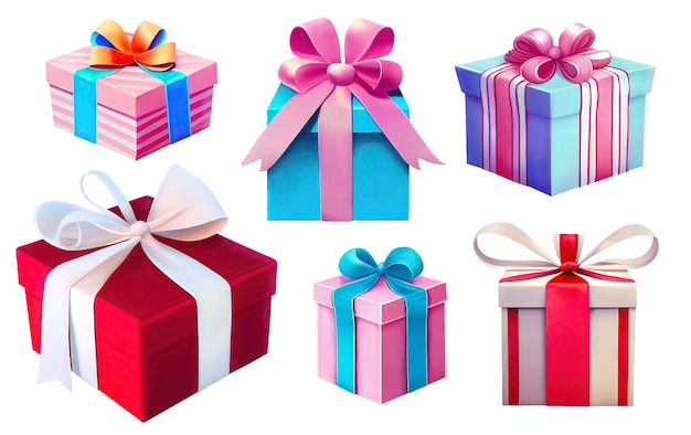 Set of cartoon multicolored gift boxes with ribbons isolated on white background digital illustration