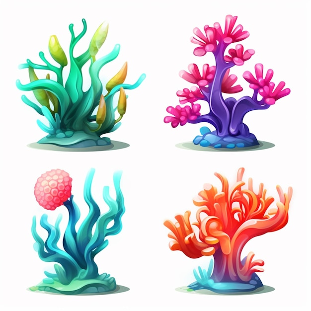 A set of cartoon plants on a white background