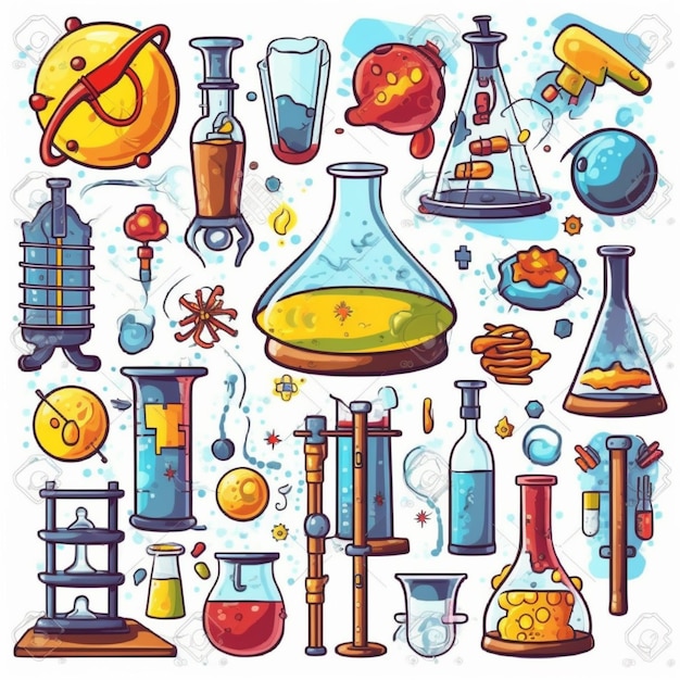 Photo a set of cartoon science objects including a microscope generative ai