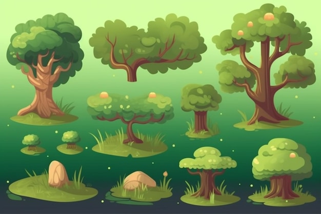 A set of cartoon trees and grass.