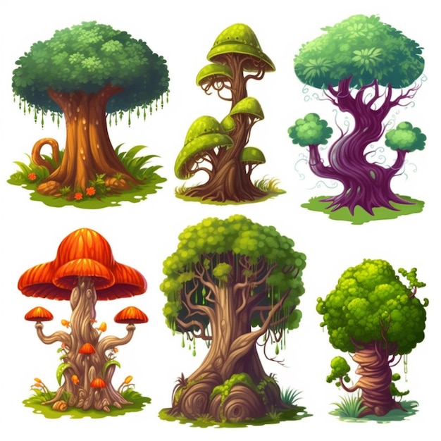 a set of cartoon trees and plants with different shapes generative ai