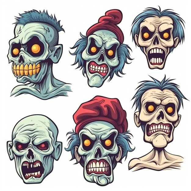 Photo set of cartoon zombie heads with different expressions generative ai