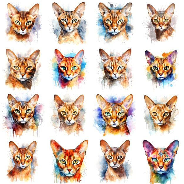 Set of cats painted in watercolor on a white background in a realistic manner colorful rainbow Ideal for teaching materials books and naturethemed designs Cat paint splash icons created by AI