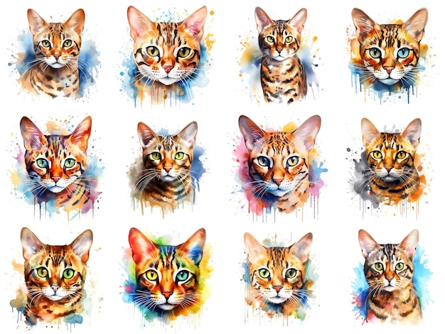 Set of cats painted in watercolor on a white background in a realistic manner colorful rainbow Ideal for teaching materials books and naturethemed designs Cat paint splash icons created by AI