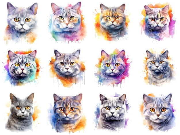 Set of cats painted in watercolor on a white background in a realistic manner colorful rainbow Ideal for teaching materials books and naturethemed designs Cat paint splash icons created by AI