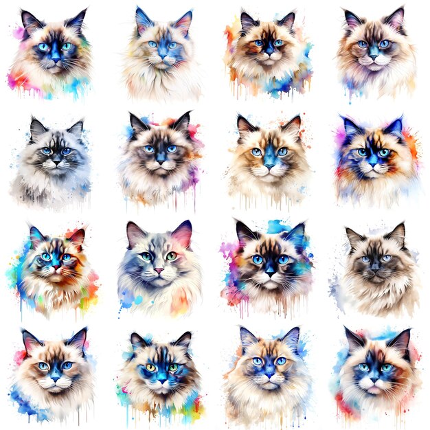 Set of cats painted in watercolor on a white background in a realistic manner colorful rainbow Ideal for teaching materials books and naturethemed designs Cat paint splash icons created by AI