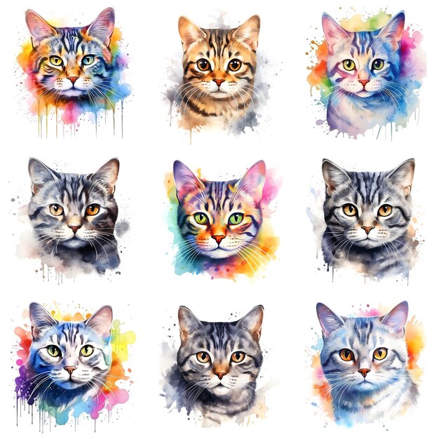 Set of cats painted in watercolor on a white background in a realistic manner colorful rainbow