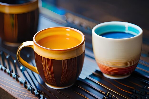 A set of ceramic cups with a black and orange design on the front