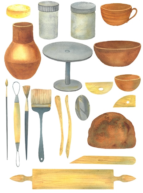 Set for ceramics pottery tools for sculpture pottery dishes tools for modeling sculpture brushes loops stacks cycle engobe ceramic glaze watercolor handdrawn illustration