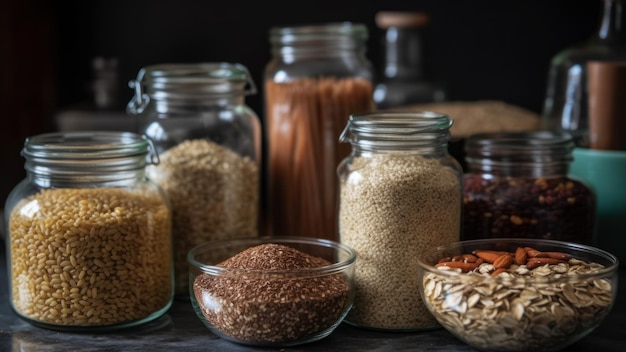 A set of cereals on the table in glass jars generative ai