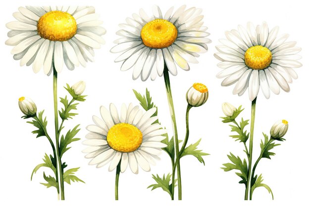 Foto serie di fiori di camomilla su sfondo bianco illustrazione ad acquerello