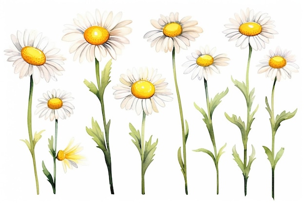 set of chamomile flowers on white background watercolor illustration