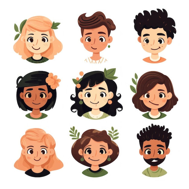 Set of Charming Faces Cartoon Style Headshots AI Generated