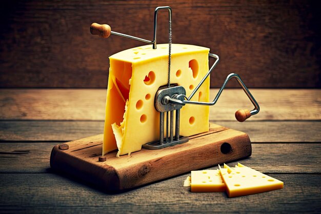 Set of cheese in mousetrap on wooden table generative ai