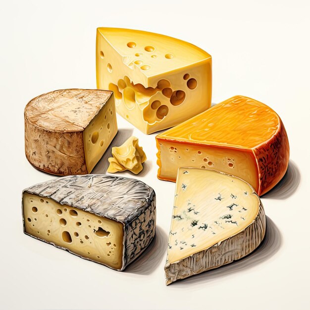 白い背景のチーズの水彩画セット