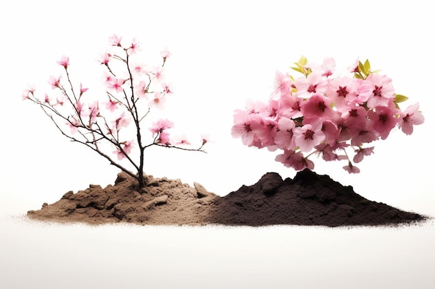 白い背景に隔離された地面で成長する桜の花の木のセット