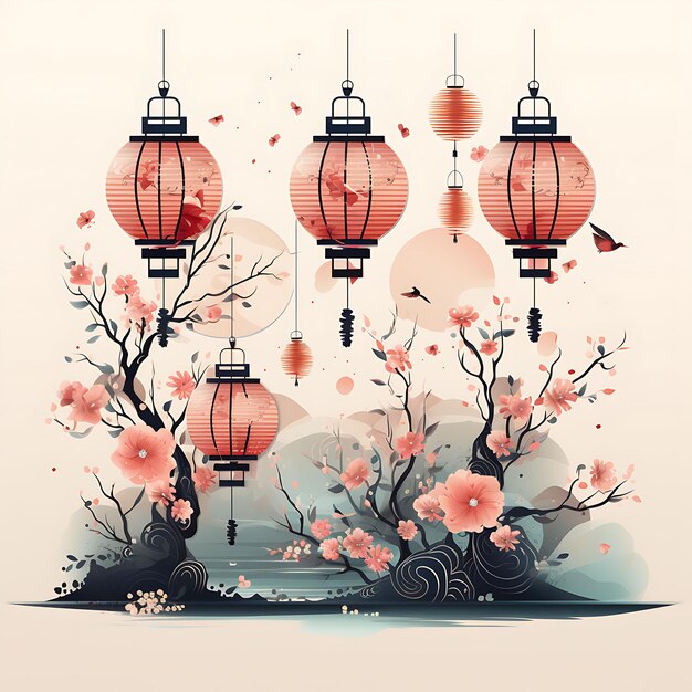 A set of cherry blossoms lanterns koi fish lunar new year pastel hues 2d flat art illustration