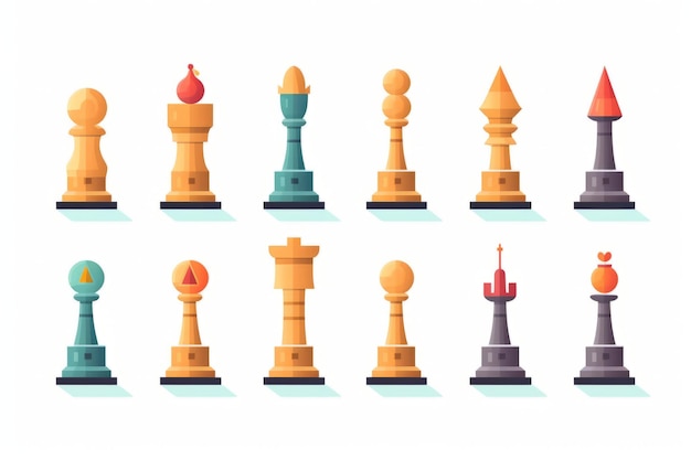 Photo a set of chess pieces including one that is orange and blue.