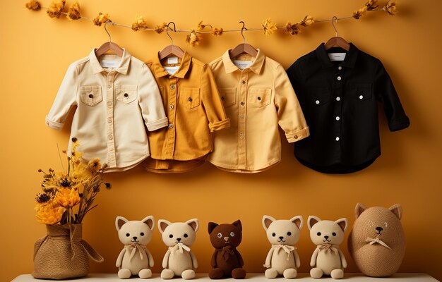 Set of child clothes on gold background