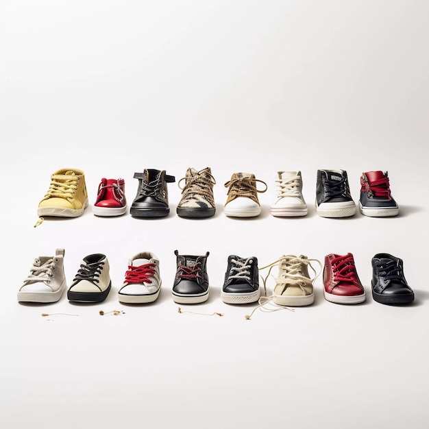 백색 배경에 다양한 유형과 현대적인 색상을 가진 어린이 신발 세트