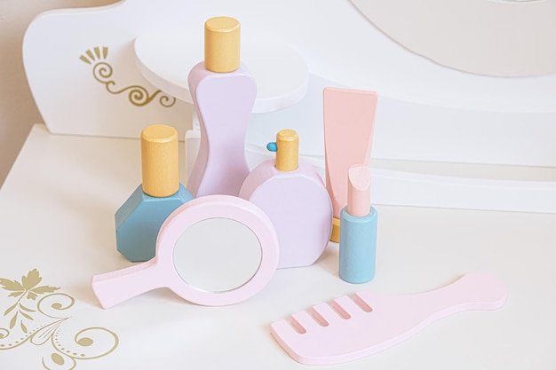 Set of children's toys for child made of wood imitating cosmetic accessories