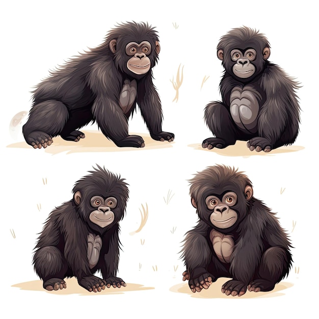 Set of chimpanzees on a white background