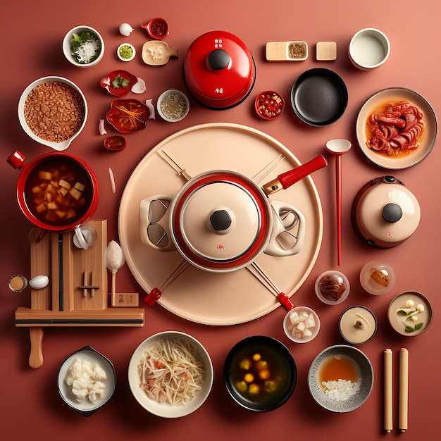 A Set of Chinese Hot Pot Restaurant Electric Hot Pots Ladles and Stra Background Decor Ideas Art