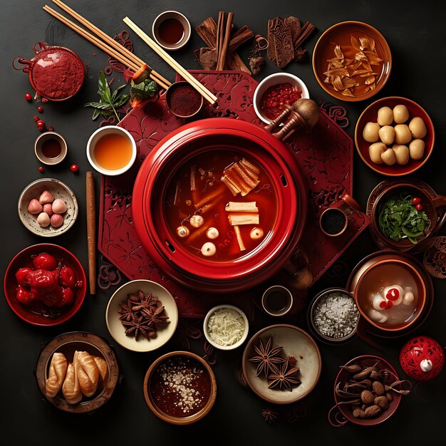 Photo a set of chinese hot pot restaurant electric hot pots ladles and stra background decor ideas art