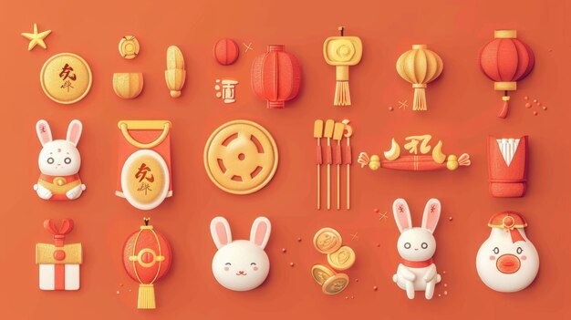 Photo set of chinese new year fortune sticks isolated on orange background featuring bunnies in traditional costumes fortune sticks a carrot bucket red envelopes coins gold ingots and lanterns