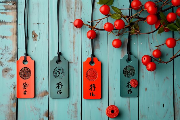 Photo set of chinese symbols against a rustic wooden background