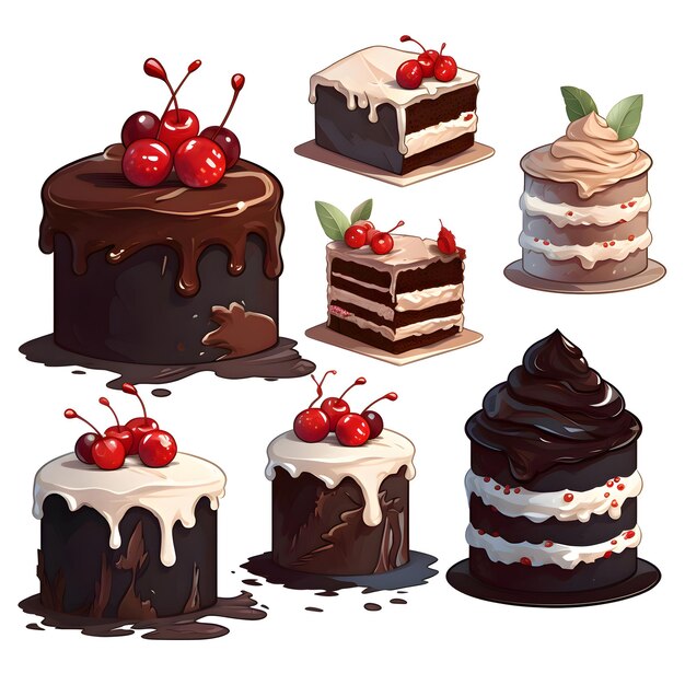 Set of chocolate cakes with cream and cherries Vector illustration
