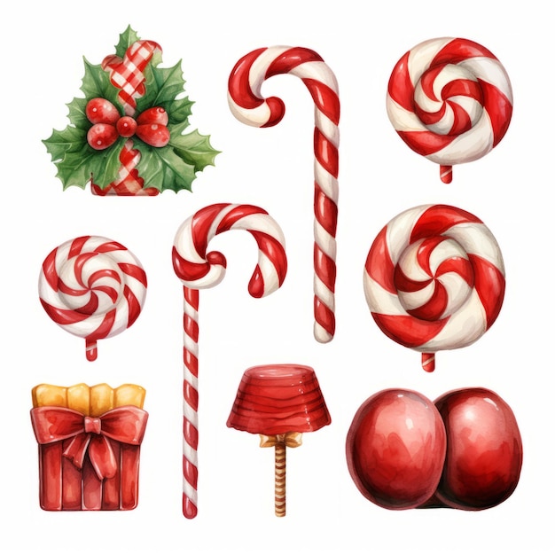 Set of christmas candies lollipops candy cane holly berry and gift box Watercolor illustration i