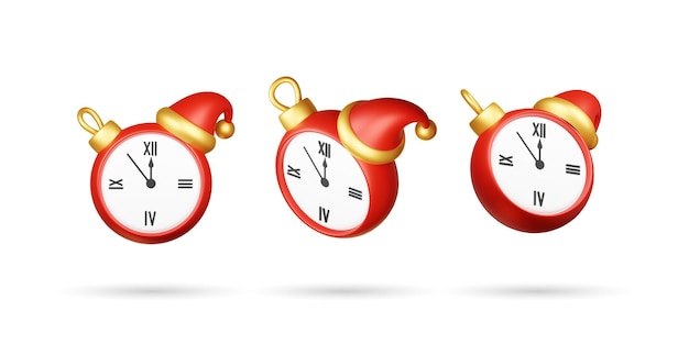 Photo set of christmas clock 3d icon red clock with santa hat isolated on white background