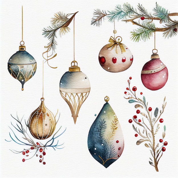 Set of Christmas decorations for the Christmas tree watercolor style Generative AI