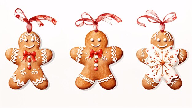 クリスマスデコレーションのセット 異なるジンジャーブレードクッキーのコレクション 手描きのクリスマスクッキースの水彩イラスト