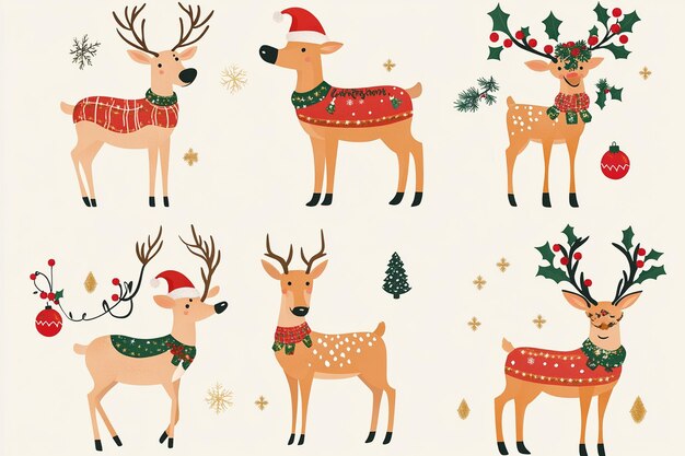 Photo a set of christmas deers with a santa hat and a santa hat