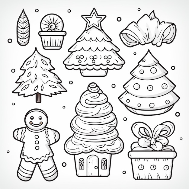 Photo a set of christmas doodles with a gingerbread generative ai