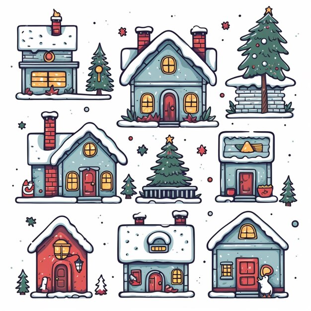 a set of christmas houses with snow and trees generative ai