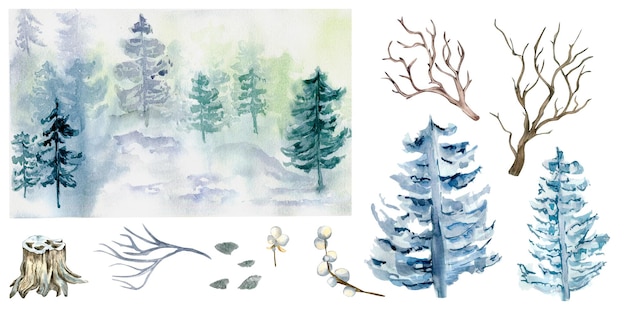 Set of Christmas landscape forest watercolor illustration isolated on white background