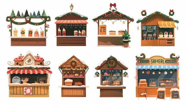 Set of Christmas market food stalls isolated on white background Modern cartoon illustration of gluhwein and sweets shop bakery trailer menu board and garland lights