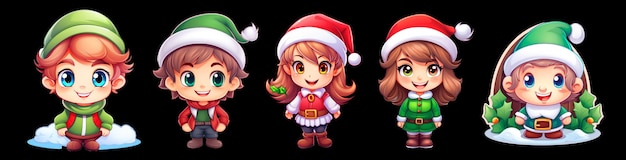 透明な背景のクリスマス ツリー クリップアート漫画に分離されたクリスマス人物 png d のセット