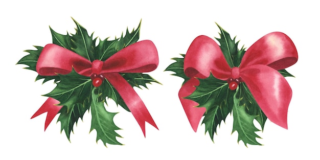 Set Christmas plant holly with red ribbon bow isolated on whiteWatercolor hand drawn Xmas illustration Art for design