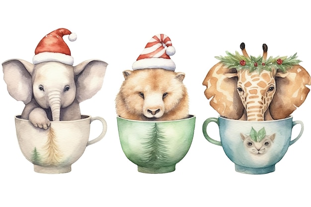 Set of Christmas Safari animals character in cup painted in watercolor on a white isolated background Generative AI