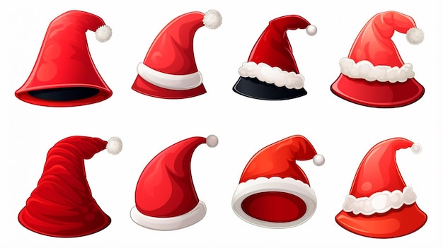 set of christmas santa hats on white background