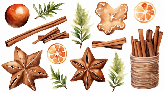 Set of Christmas spices and ginger bread watercolor