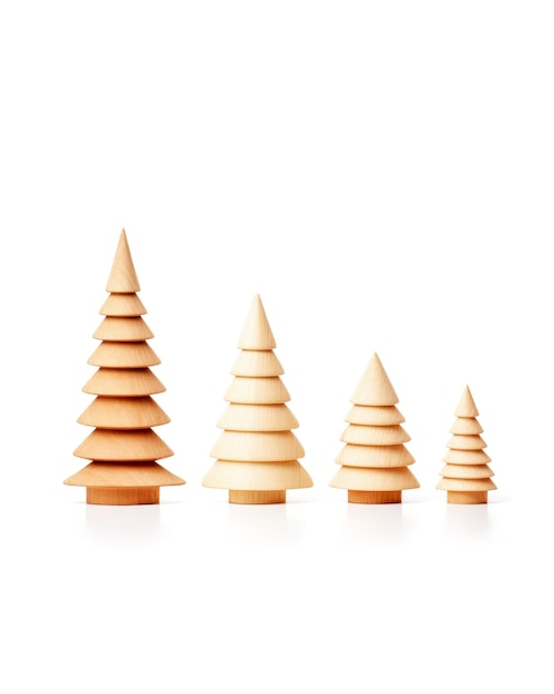 Set of Christmas trees made of wooden boards on white background Symbol of winter holidays